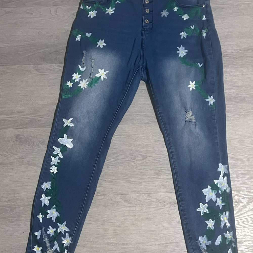 Plus Size Artistic Blue Skinny Jeans with Jasmine Flowers Pattern